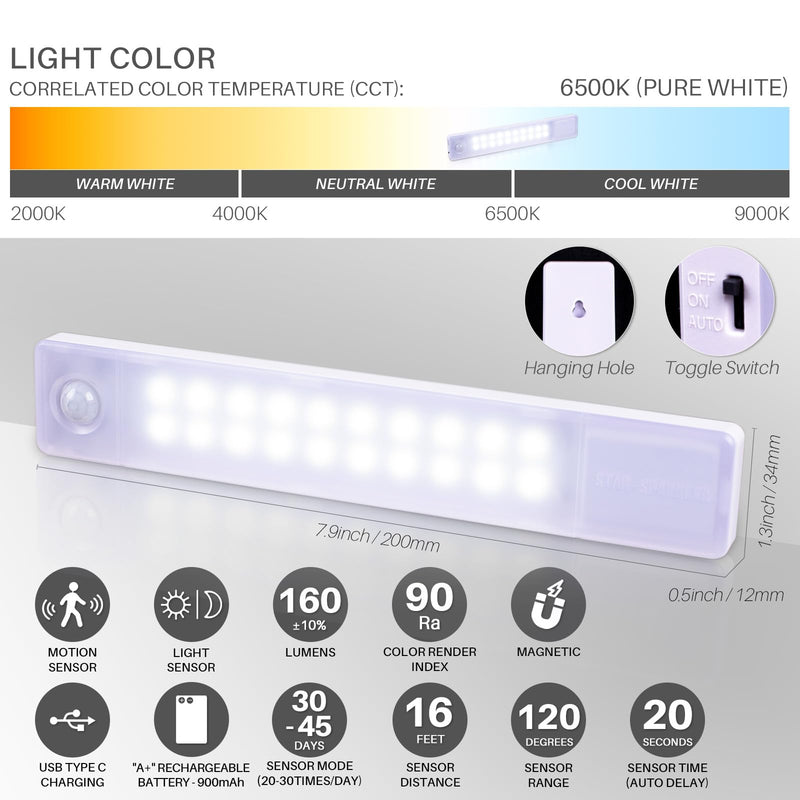 STAR-SPANGLED Under Cabinet Lighting Rechargeable, 8 inch Motion Sensor Lights Indoor Battery Operated, USB Stick on LED Magnetic Closet Light Wireless for Counter, Stairs, Kitchen, Cool White, 2 Pack