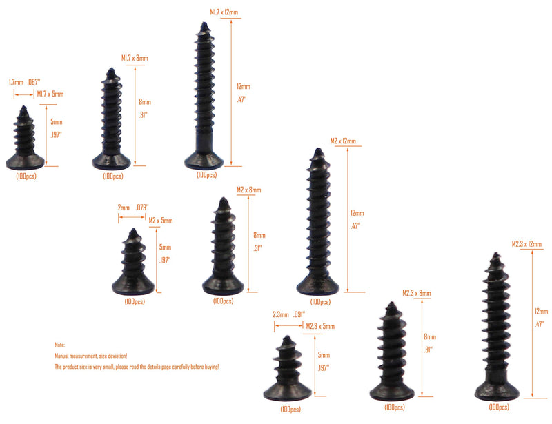 LBY 900pcs M1.7 M2 M2.3 x 5mm / 8mm/ 12mm Flat Head Self-Tapping Sheetmetal Screw Assortment Kit Mini Wood Screws 9 Sizes Combination Carbon Steel Black