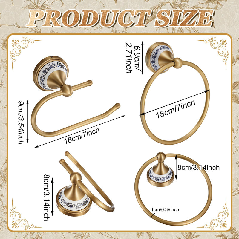2 Pack Chinoiserie Chic Brass Bathroom Hardware Set - Exquisite Floral Porcelain Brushed Gold Towel Ring and Tissue Holder, Artistic Oriental Style Wall Decor