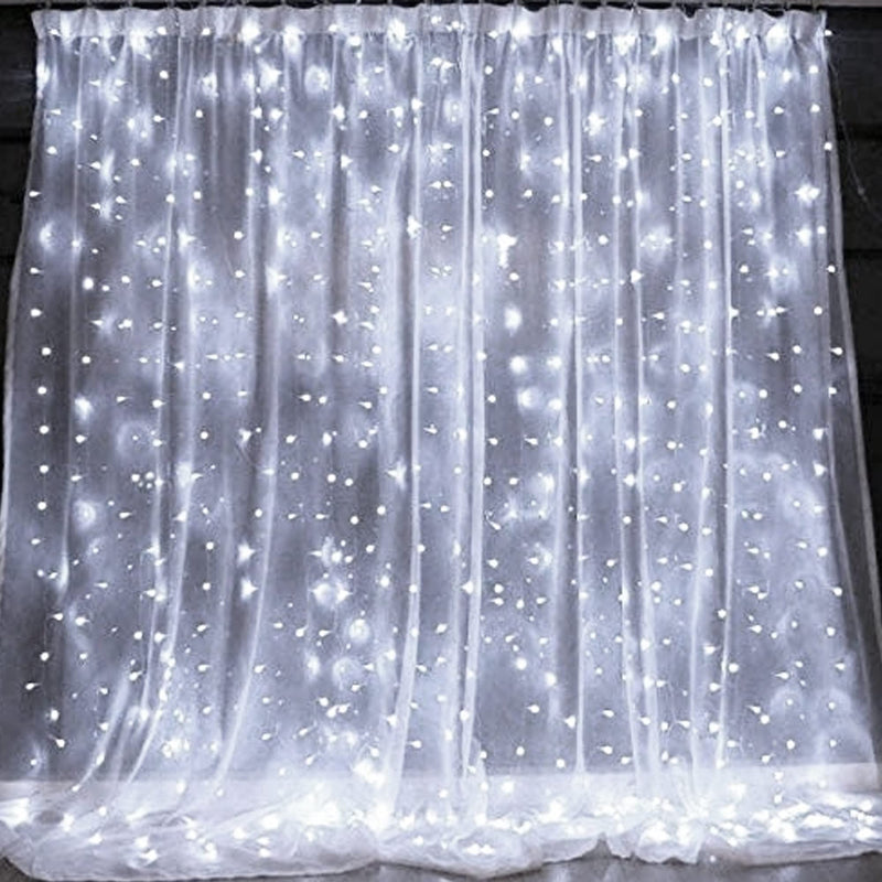 Dazzle Bright Curtain String Lights, 300 LED 9.8ft x 9.8ft 8 Lighting Modes Fairy Lights USB Powered, Waterproof Lights for Christmas Party Wedding Outdoor Indoor Wall Decorations (White) White
