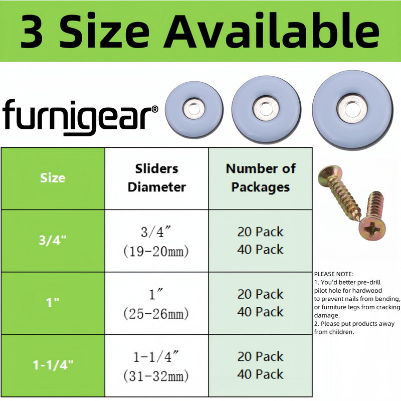 1-1/4" Screw on Furniture Glides Sliders for Wooden Furniture-Furnigear Heavy Duty PTFE (Teflon) Chair Leg Slides Move Your Furniture Easy & Safely - Best Floor Protector (20 Pack) 1-1/4" dia - 20pack