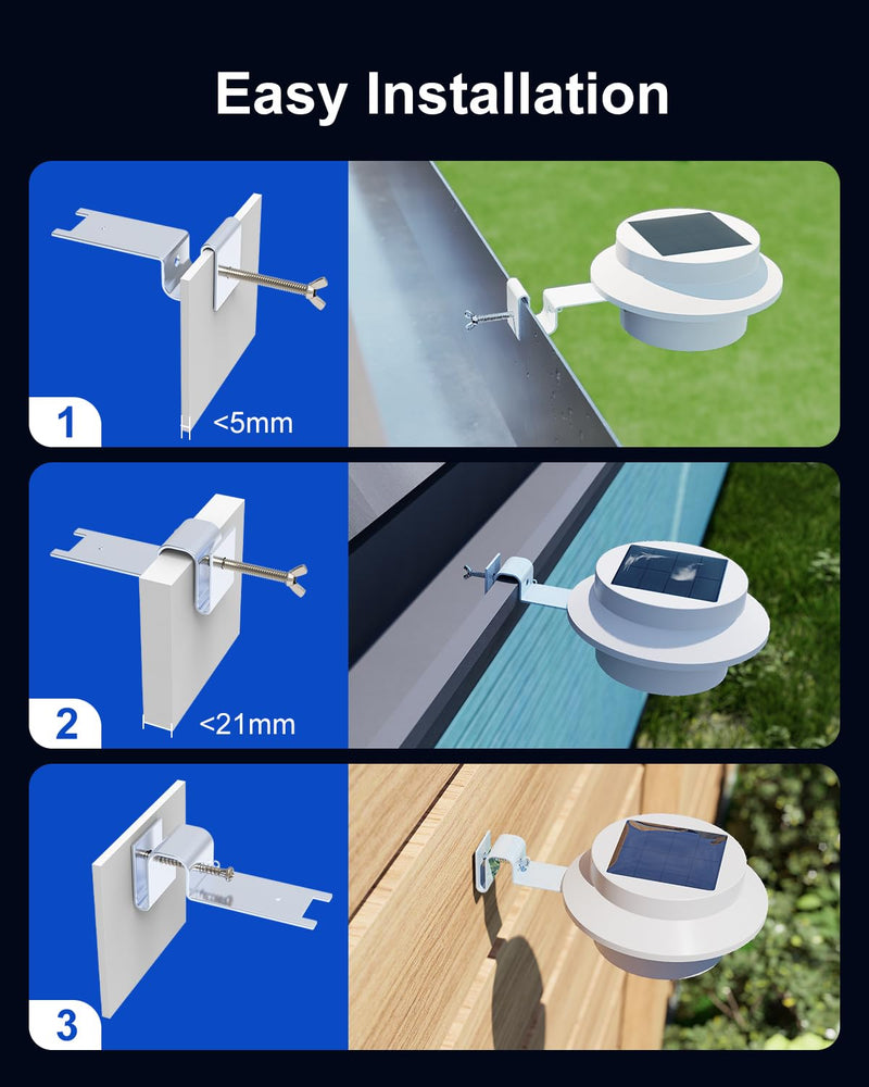 8 Pack White Solar Powered Gutter Lights Outdoor Decorative Waterproof Led Fence Lamp for Lighting Railing, Outside Wall, Deck, Garden, Path, Backyard, Sidewalk, Yard, Patio, No Drilling Installation 8 Pack