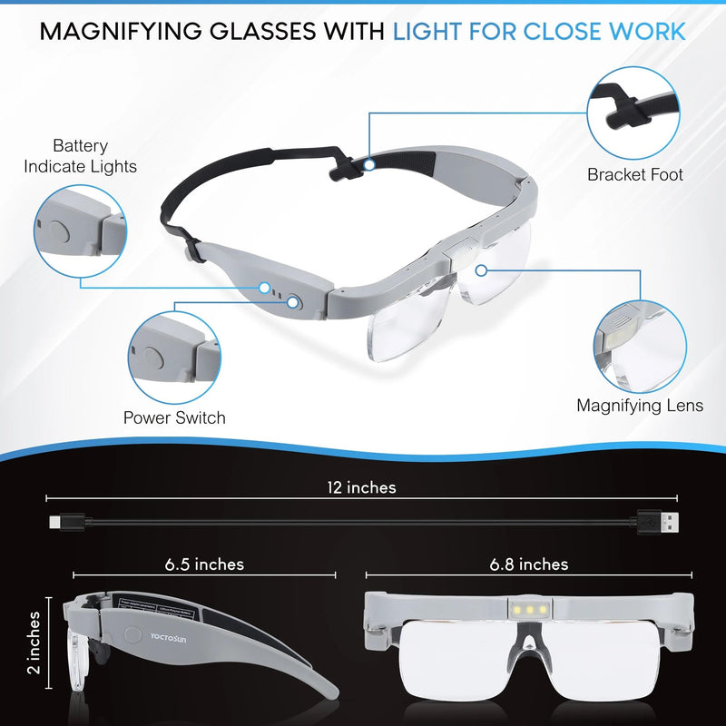 YOCTOSUN Magnifying Glasses with Light, Head Magnifier Glasses with 5 Detachable Lenses 0.75X-4.0X and 3 LED Lights, Rechargeable Hands Free Eyeglasses Magnifier for Close Work Jewelry Crafts Hobby Gray