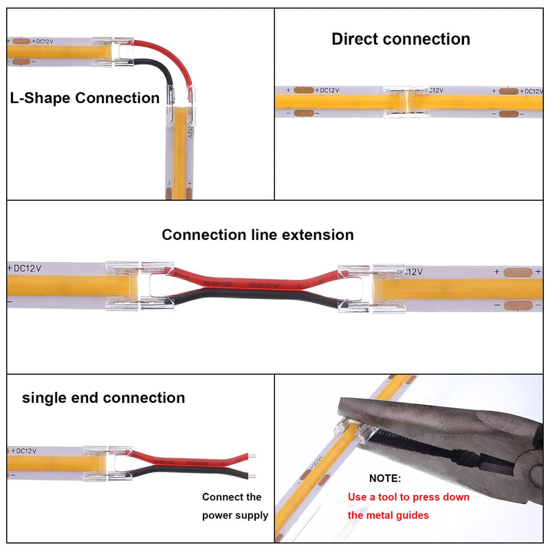 COB LED Connector 2 Pin 8mm Kit, 20pcs Solderless I Shape Connectors, 10pcs 15cm Long 20AWG Extension Wires for Single Color COB SMD LED Strip Connection 2PIN 8MM Straight Through