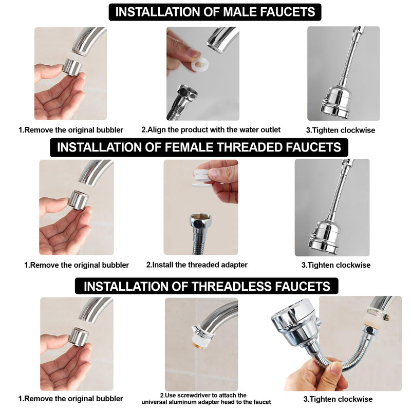 Faucet Sprayer Attachment，Kitchen Faucet Head Replacement 360° Rotatable 3-Speed Faucet Extender with Universal Aluminum Adapter for Kitchen Sink Long