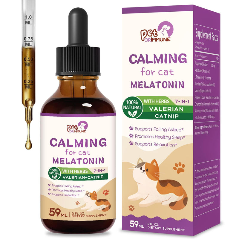 Cat Melatonin Natural Calming Drops, Support Falling Asleep & Healthy Sleep, Herbal Extract Relaxation Supplement with L-Theanine, Valerian, Catnip, Passion Flower and Chamomile. 2 oz