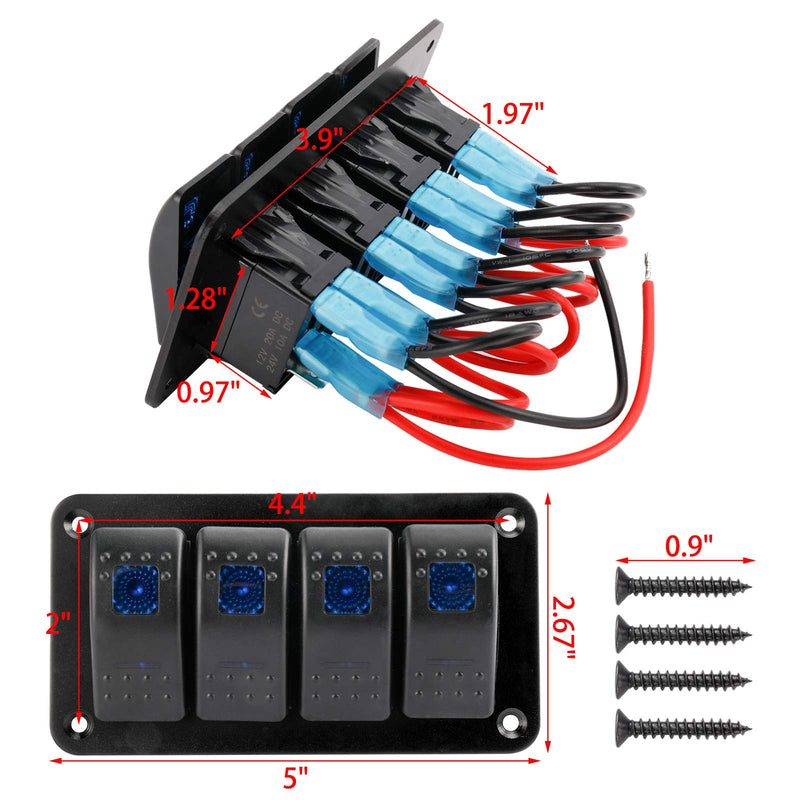 Amarine Made 12-24V Boat Switch Panel Illuminated Rocker Switch Aluminum Pre-wired Panel 2,3,4,5,6,8 Gang Toggle Switches Dash 5 Pin ON/Off 2 LED Backlit for Bus Boat Car Marine Blue LED IP65 (4 Gang)