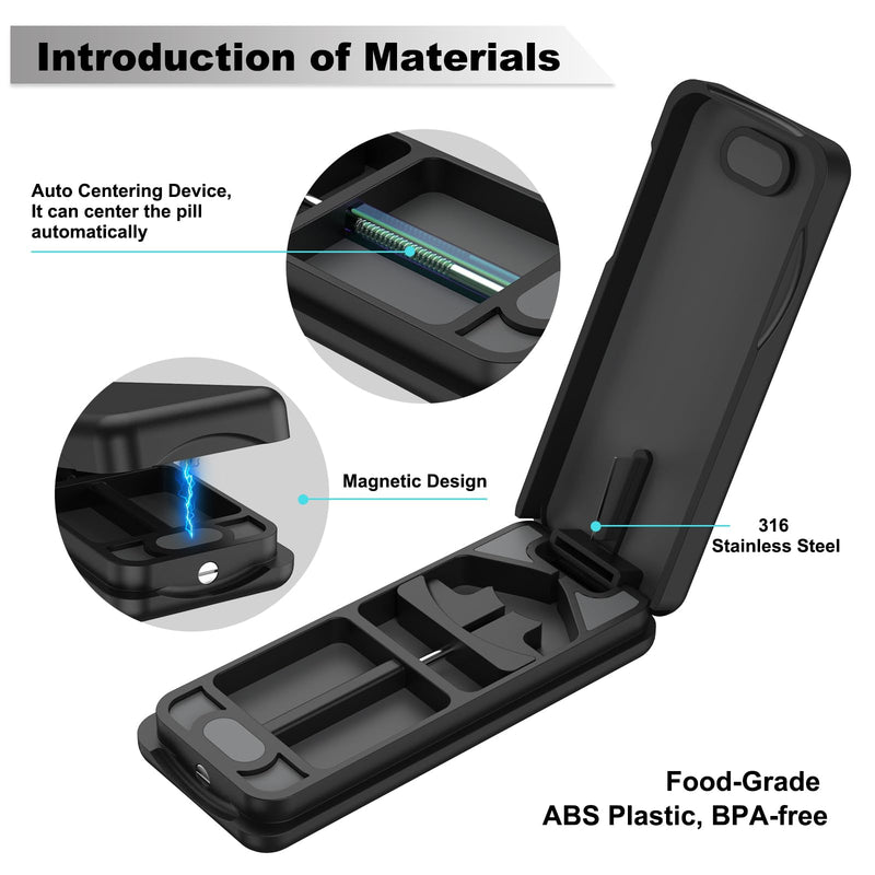 Pill Cutter with Auto Centering Device, Aluminum Pill Splitter with 316L Stainless Blade, Genuine Leather Case, Professional Pill Splitter for Cutting (Plastic,Black) Bpa-free,black