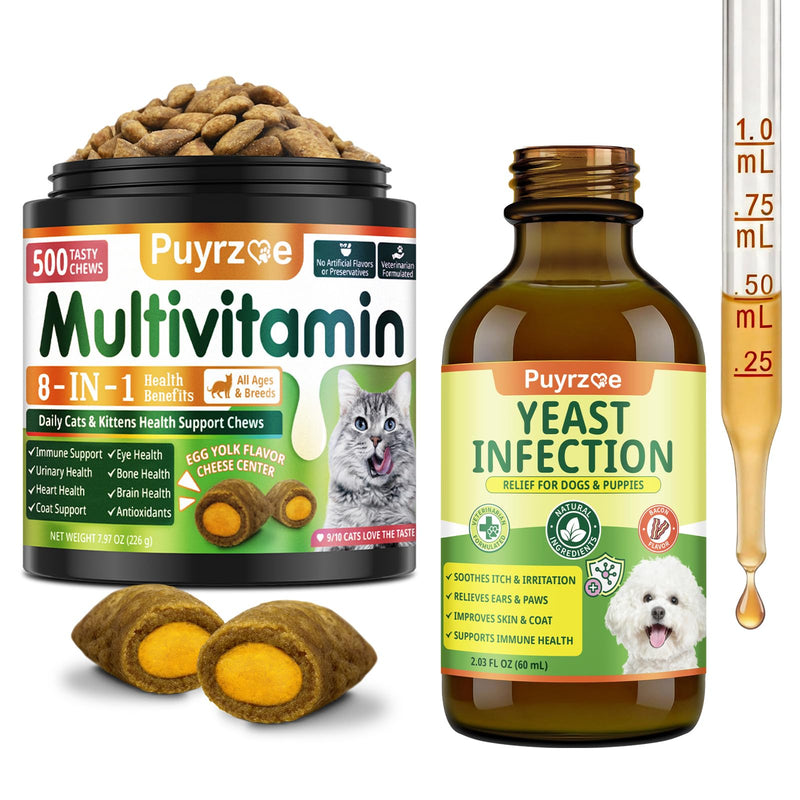 Puyrzoe Multi-Pet Wellness Bundle – Dog Yeast Support Oral Drops + Cat Multivitamin Chews with Taurine & 14 Vitamins, Daily Nutrition & Immune Support for Cats & Dogs