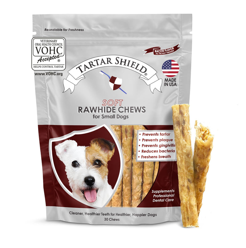Tartar Shield® Soft Rawhide Dental Chews for Small Dogs | VOHC Accepted | Reduces Tartar, Controls Plaque & Freshens Breath | Vet Recommended | Bacon Flavor | USA Made | 30 Count Small Dog - 30 Ct.