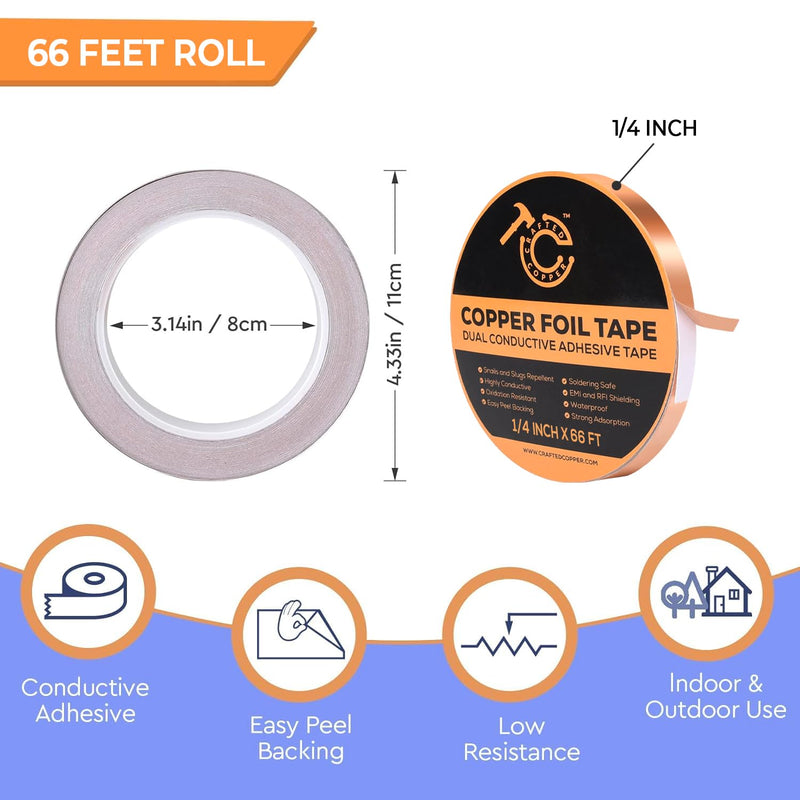 Conductive Pure Copper Tape Double Sided Adhesive Copper Foil Tape for Stained Glass, Guitars, EMI Shielding, Electric Connections, Repairs, Grounding, Crafts (1/4INCH*66FT) 1/4INCH*66FT