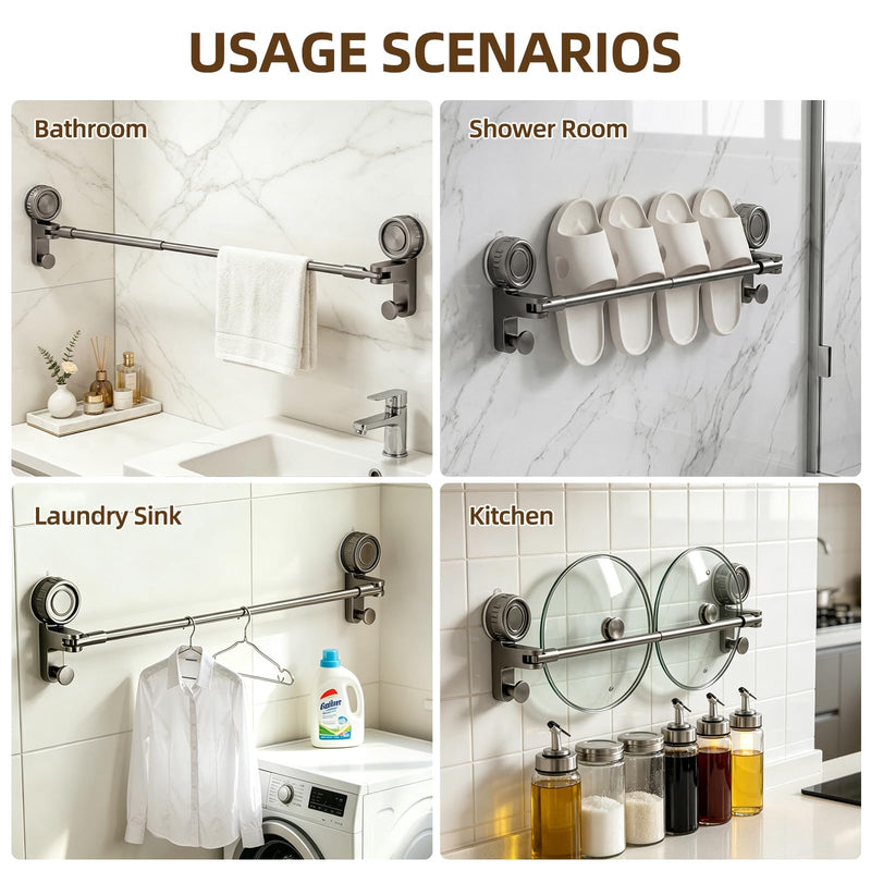 Adjustable Suction Cup Towel Bar for Bathroom Wall, 20-34" Extendable Carbon Steel Towel Racks, Space Saving Grey Bath Towel Holder with Hooks, No-Drill Mounted (20-34IN, 1-Tier) 20-34IN