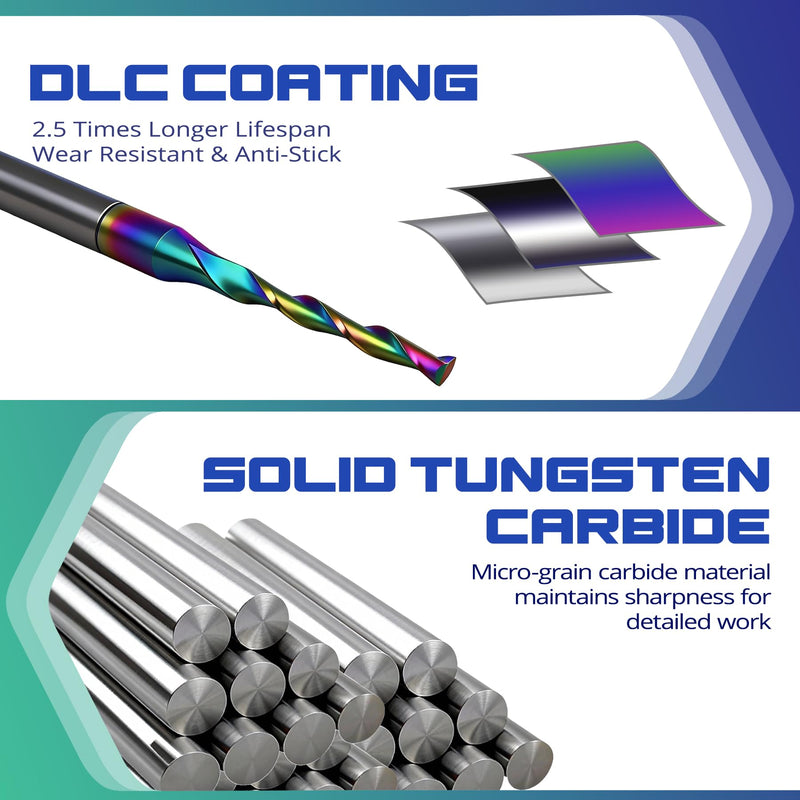 10Pcs CNC Router Bits with DLC Coating 1/8" Shank Upcut CNC Bit End Mill Solid Carbide Endmill Two Flute Spiral Milling Cutter for Wood PVC Engraving (1/16" x1/8" x1/2" x1-1/2) 1/16"x1/8"x1/2"x1-1/2"