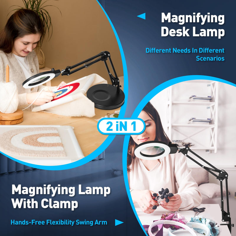 KIRKAS 12X Magnifying Glass with Light and Stand, Any Color Modes & Stepless Brightness LED Magnifying Lamp with Clamp, 2-in-1 Magnifier Glass Lens Desk Lamp for Crafts Hobby Reading Close Work 12X Base & Clamp
