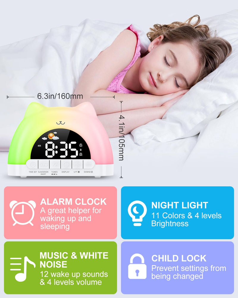 Kids Alarm Clock, Wake Up Clock with 11 Colors Night Light, Toddlers Sleep Training Clocks with 10 Ringtones, Brightness Adjustment, Dual Alarms Plug in OK to Wake Clocks for Girls Boys Contemporary