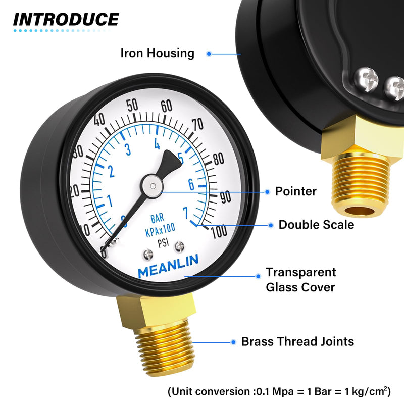 MEANLIN MEASURE 0-100Psi 2" DIAL FACE 1/4" NPT Well Pump Pressure Gauge, with 1/2" NPT and 3/8" NPT Hex Bushing, 3-2-3% Accuracy, Lower Mount (Pack of 2) 0-100Psi/2PCS 1/4"NPT Lower Mount