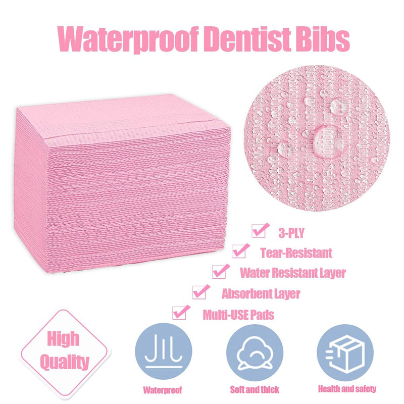 60 Pcs Dental Bibs Disposable for Patient, 13"x18", 3 Ply Waterproof Piercing Tattoo Paper Napkin Tissue Bib for Dental Clinic, Tattoo Station and Salon Pink