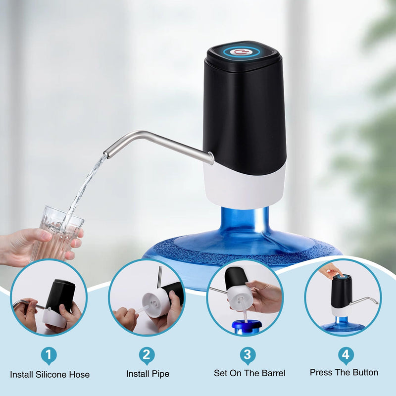 5 Gallon Water Dispenser, Portable Automatic Water Jug Pump, Electric Water Bottle Pump with Switch and USB Charging,Mini Water Pump with Silicone Hose for Camping, Home, Office（Black） Black