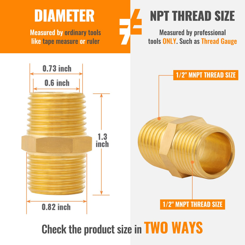 SUNGATOR Solid Brass Pipe Fitting, 1/2-Inch x 1/2-Inch NPT Male Pipe Hex Nipple, 1/2'' Male to 1/2'' Male Brass Pipe Extension Fitting, Brass Hex Nipple for Shower, Oil, Water Line,Spigot,Gas (2-Pack) 1/2" Male NPT-2 Pack