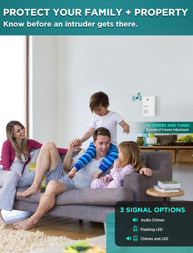 1byone Driveway Alarm, Home Security Alert System with 36 Melodies, 1 Plug-in Receiver and 2 Weatherproof PIR Motion Detector, 1000ft Wireless Transmission Range and 24ft PIR Detection Range 1 receiver 2 PIR sensors