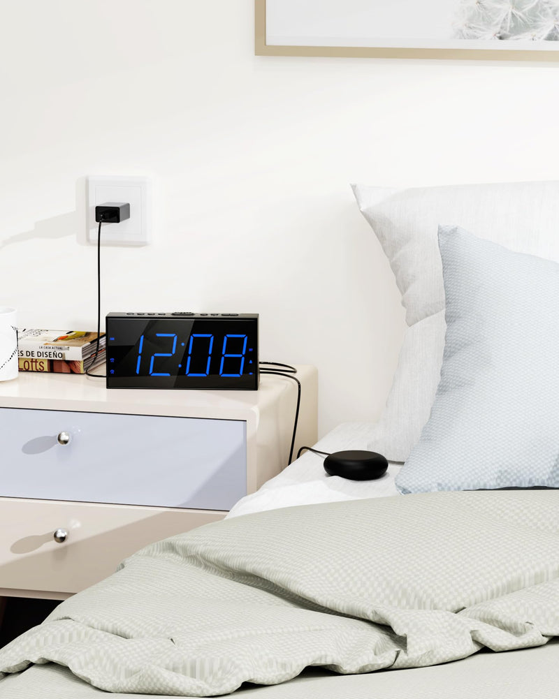 Roxicosly Loud Alarm Clock with Bed Shaker, Vibrating Alarm Clock for Heavy Sleepers/Hard of Hearing/Deaf,Dual Alarms, 7.5’’ Large LED Display, Dimmer, USB Charging Port, Plug-in with Memory Function with Bed Shaker & Thin Font Blue Digits, Thin Font