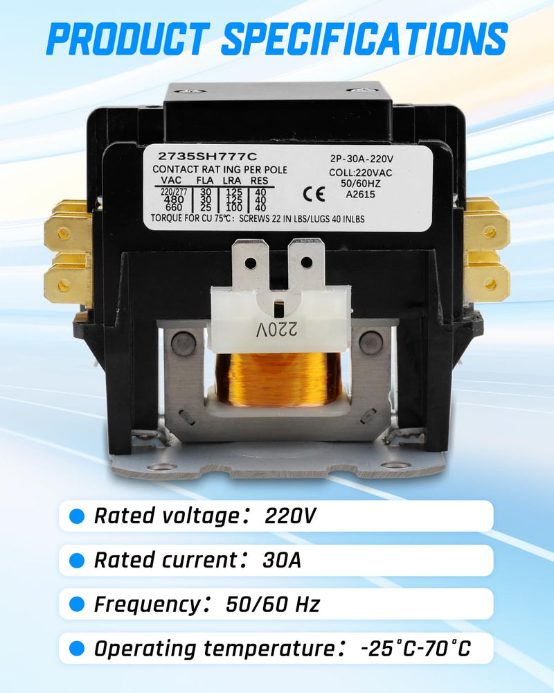 C25BNB230B Compact Definite Purpose Contactor, 2 Pole 30A 240VAC 50/60Hz, Air Conditioner Contactor C25BNB230B