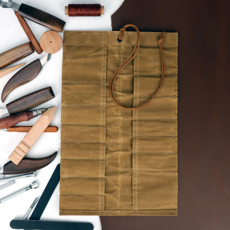 Canvas Tools Roll Compact Bag Knife Pliers Organizer Carrier Case -15 Slots | Varying Pocket Size to Storage Wrenches Screwdrivers, Waxed Cord Closure, Cutout Window,Ultralight & Ultra-Compact, for DIY