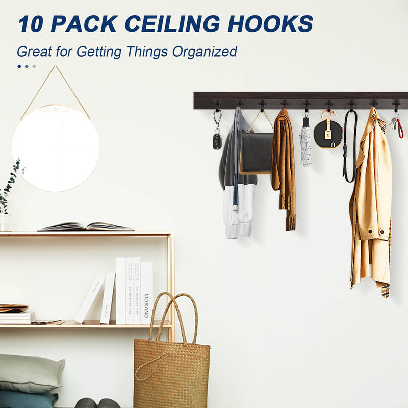 NearMoon Stainless Steel Screw Mounted Ceiling Hooks, Under-Shelf Towel/Robe Clothes Hook Heavy Duty Coat Hanger for Bathroom Kitchen Cabinet Garage, 10 Pack (Matte Black) Matte Black