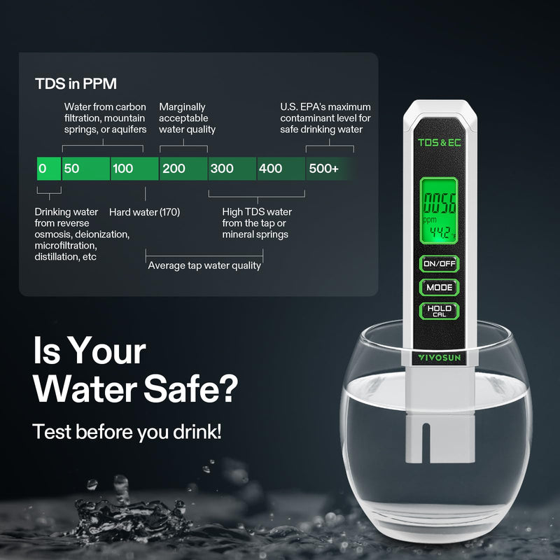 VIVOSUN TDS Meter, 3 in 1 TDS, EC & Temperature Meter, Accurate Digital Water Quality Tester for Drinking Water, Aquarium, Hydroponics, RO/DI System, Swimming Pool, White