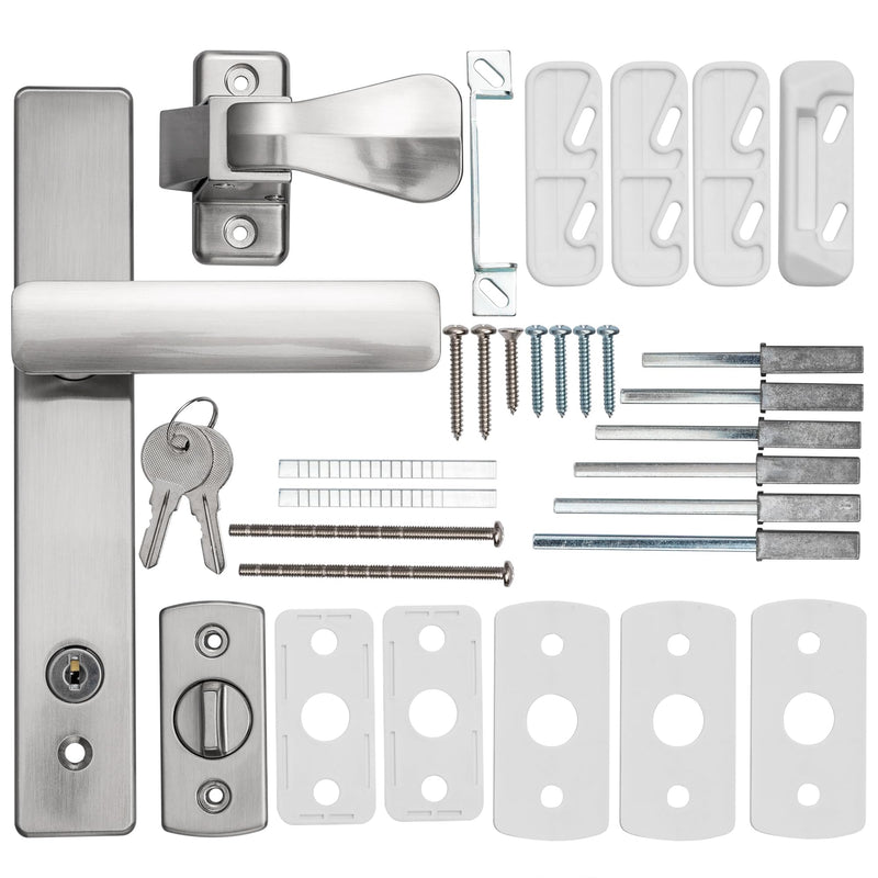 Ideal Security EL Keyed Lever Mount Latch with Deadbolt, Surface Mount Storm Door Handle Replacement, 2 Posts with Tie Down Screw, Satin Chrome