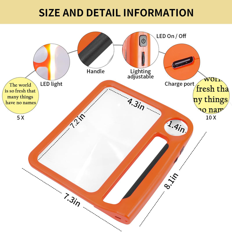5X 10X Full-Page Magnifying Glass with Light, Rechargeable Handheld Magnifier with 3 Light Modes, 48 Lights, Clean Cloth Ideal Gift for Seniors Reading Books Inspection 5X 10X