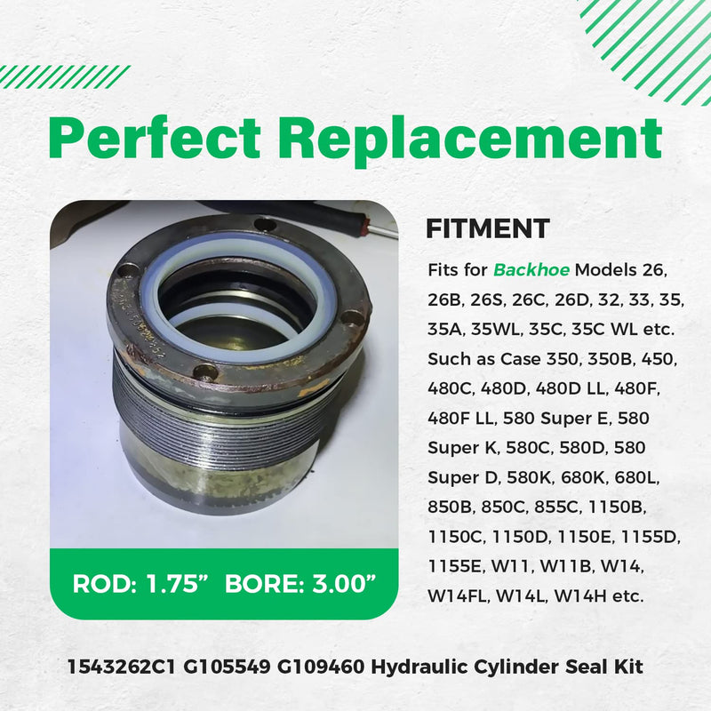 1543262C1 G105549 G109460 Hydraulic Cylinder Seal Kit (for Rod: 1.75" BORE: 3") Fit for Case 350 450 480C 580 580 Super E, for Super D 680K 850B 855C 1150B 1155D W11 W14 etc for ROD: 1.75" BORE: 3"