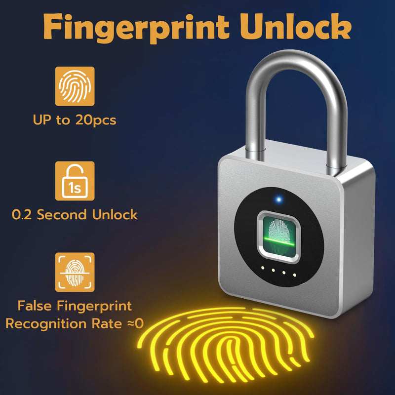 Pothunder Fingerprint Padlock, Fingerprint Lock with APP, Padlock with Keyless Biometric, Smart Padlock Waterproof Suitable for Gym, Locker, Gates, Fence and Storage Silver