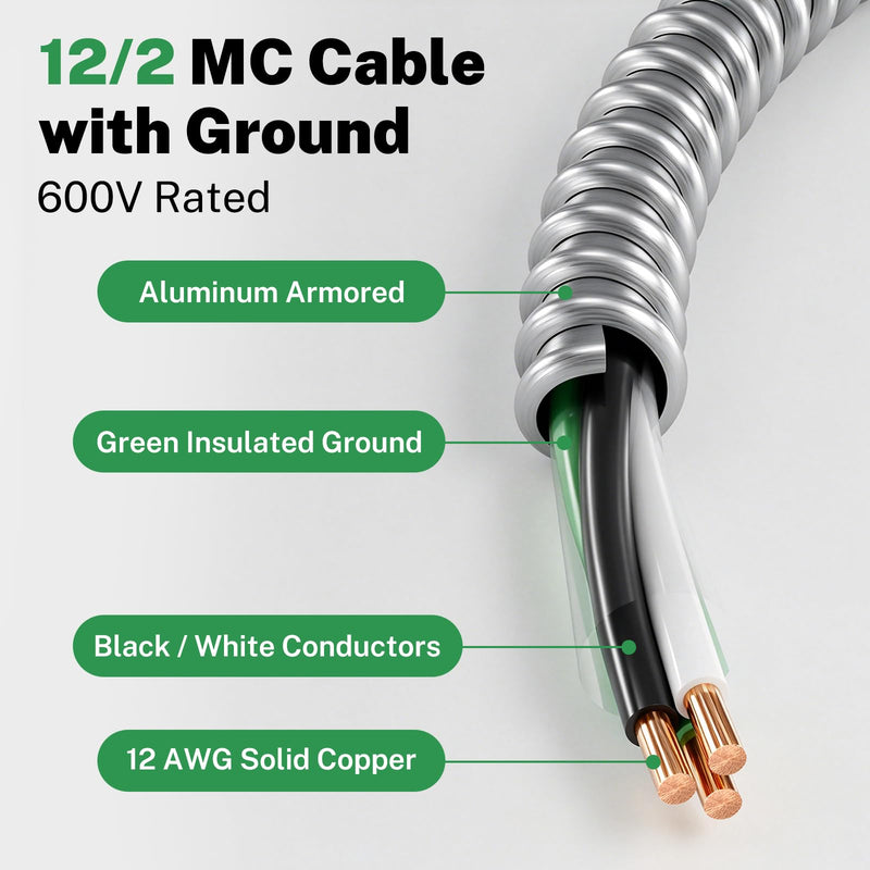 FIRMERST 12/2 MC Cable with Ground, 25 FT, Solid Copper, Armored, 600V 12AWG/2