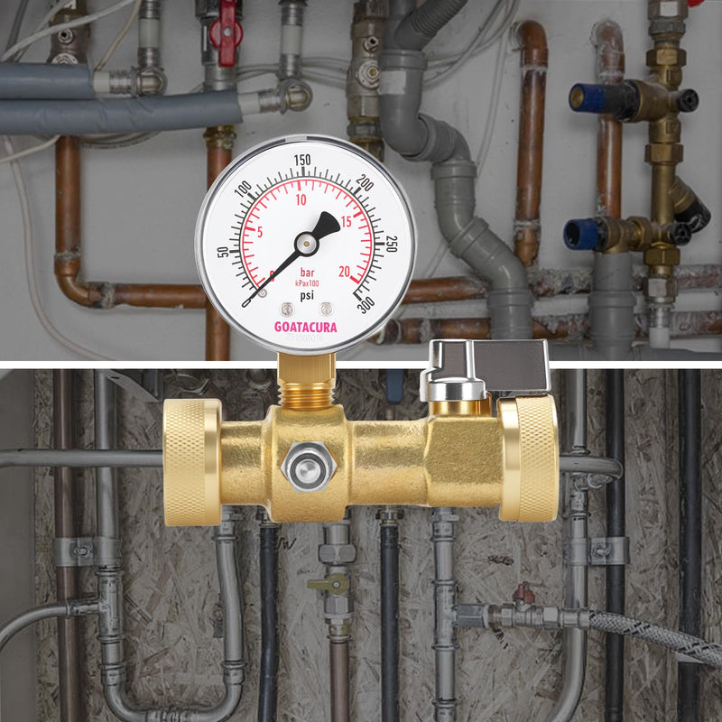 0-300psi Air Over Water Test Kit, 2” Dial Size, 1/4" NPT Lower Mount, with 3/4” Female Hose Tee Connection for Leak Detection and Pressure Testing,3-2-3% Accuracy