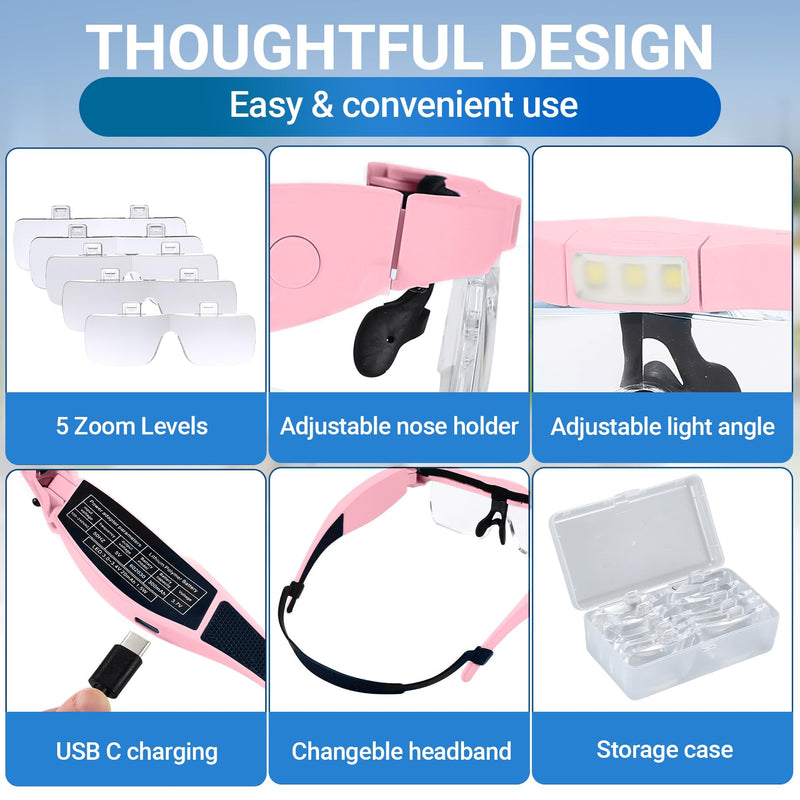 YOCTOSUN Magnifying Glasses with Light, Rechargeable Magnifying Headset with 5 Detachable Lenses 0.75X-4.0X and 3 LED Lights, Hands Free Headband Magnifier for Close Work Hobby Crafts Jewelry Pink