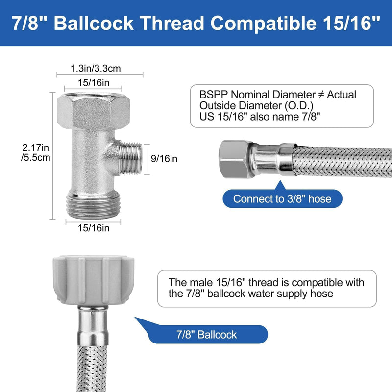 EEEKit T Adapter for Bidet, 7/8" x 7/8" x 3/8" 3 Way Tee Connector Bidet with 12 Inch Braided Toilet Connector for Toilet Bathroom