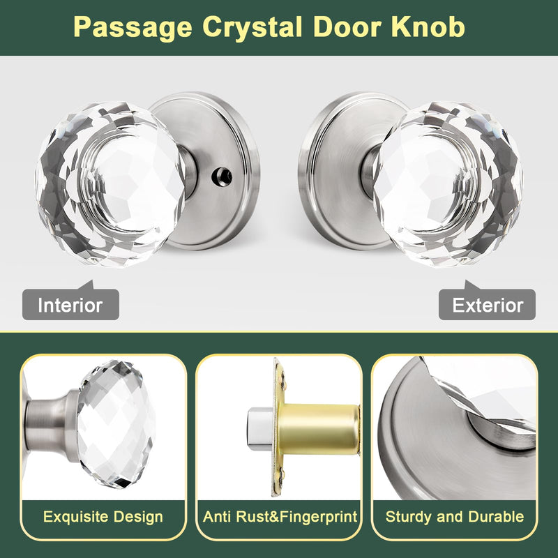 2 Pack Crystal Door Knobs Interior, Elegant Satin Nickel Closet Door Knob, Keyless Glass Door Knobs for Hallways and Laundry Rooms 2