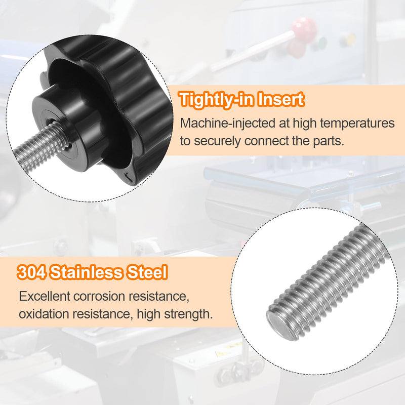 HARFINGTON 2pcs Star Knobs M8 x 100mm 304 Stainless Steel Threaded Stud 46mm Plastic 6-Star Head Hand Tightening Thumb Screw Clamping Jig Knob Handle, Black M8 x 100mm x 46mm