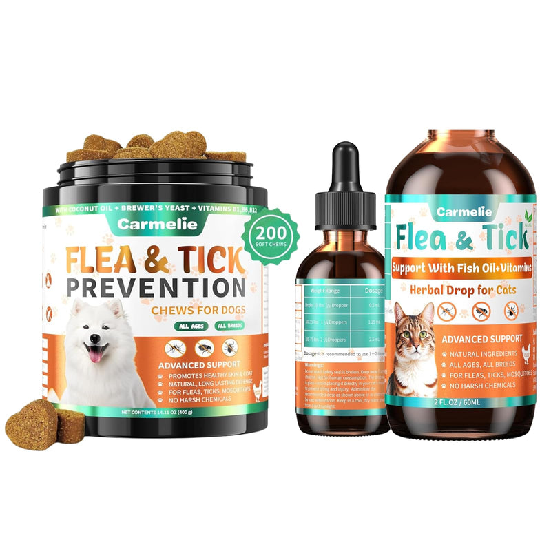 Flea and Tick Support Bundle for Dogs and Cats – Oral Flea Drops for Cats + Flea Chews for Dogs – Natural Flea Prevention for All Breeds & Ages – Chicken Flavor