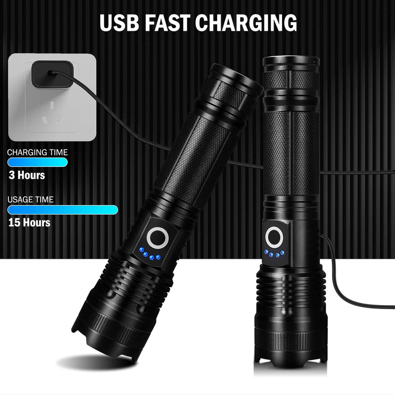 Led Flashlights High Lumens Rechargeable 2 Pack, 99000 Lumen Super Bright Fashlight with 5000ɱAh Βattery, Waterproof Powerful Flash Light Multifunctional Flashlights for Home Camping Hiking