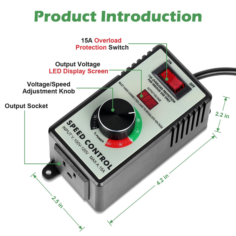 AC Motor Speed Controller 110-120V / 15A Max, Variable Fan Speed Controller AC Electronic Voltage Regulator with Overload Protection Switch & Voltage LED Display Screen Plastic