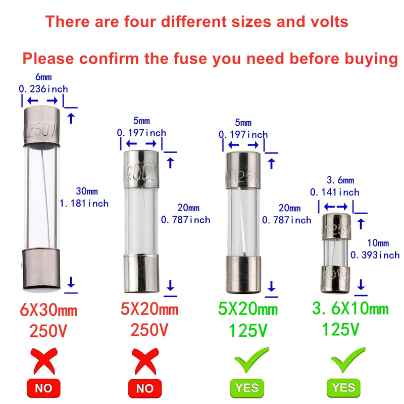 BOJACK Christmas Light fuses 5x20mm 125V 1A 2A 3A 4A 5A 8A 10A Fuse Fast-Blow Glass Fuses 3.6X10mm Mini Fuse 125V 2.5A 3A 5A amp Fuses Assortment Kit
