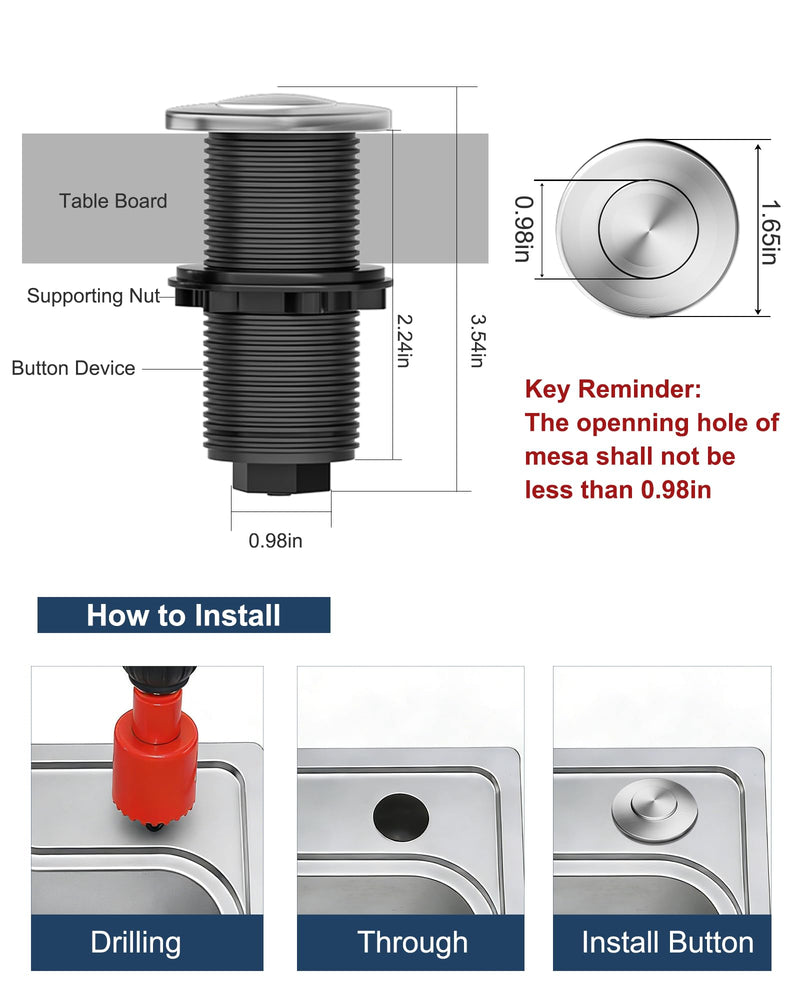 WUKUR Garbage Disposal Air Switch Kit for InSinkErator Garbage Disposal Sink Top Garbage Disposal Button Stainless Steel Brushed Nickel On/Off Air Button, Design for All Garbage Disposals