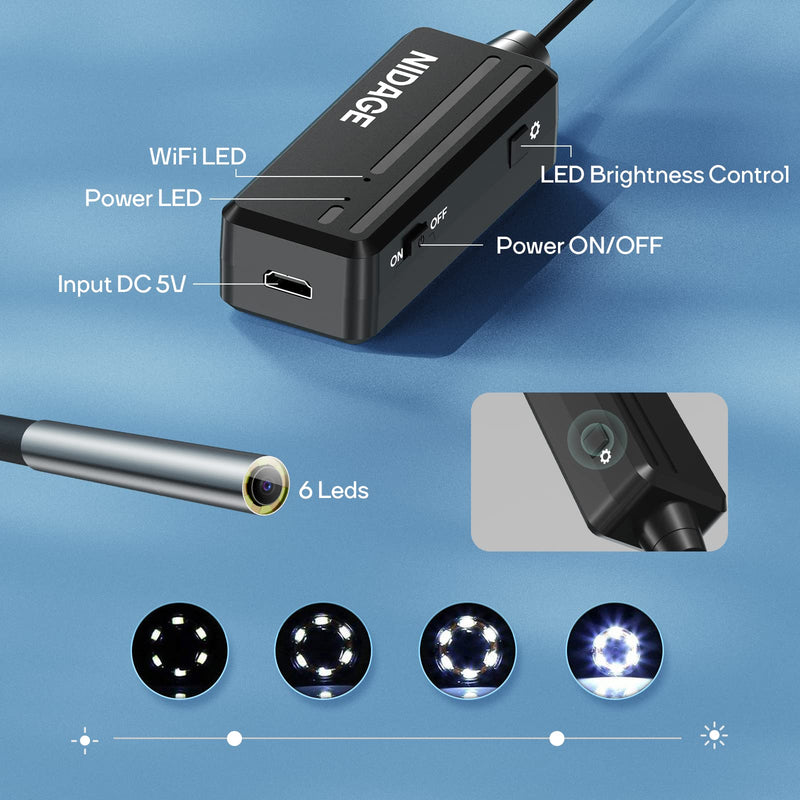 Inspection Camera NIDAGE Wireless Endoscope 2025 Top Tiny WiFi Borescope 3.9mm 1080P HD Endoscope Camera with Light IP67 Waterproof Semi-Rigid Snake Cam for iPhone, Android, Tablet, 5FT