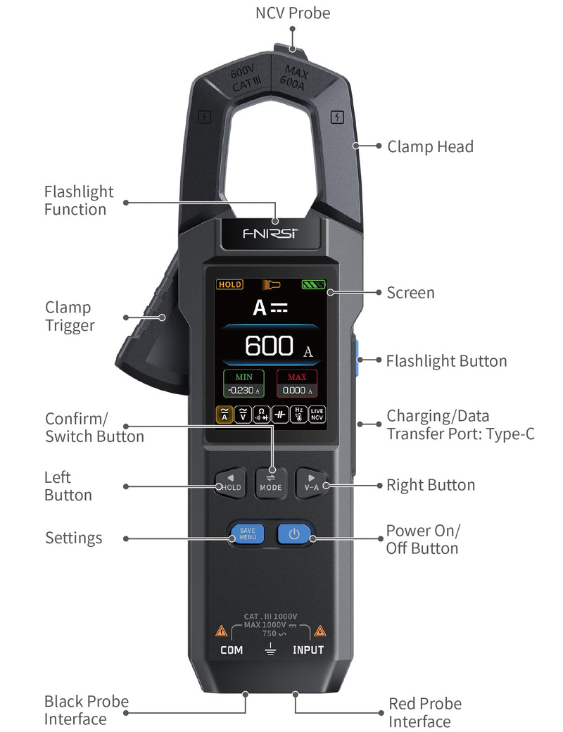 FNIRSI DMC-100 Digital Clamp Meter Multimeter 10000 Counts, Voltage Amp Tester 600A with Flashlight, AC/DC Voltage, AC/DC Current, Capacitance, Resistance, Continuity, Diode, Temperature, NCV