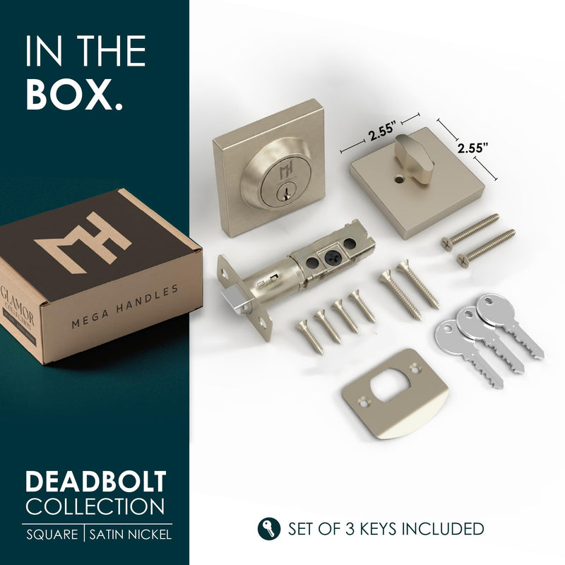 Mega Handles Schein Deadbolt Lock - Heavy Duty Square Locking Deadbolt for Left Or Right-Handed Doors, Brushed Nickel Deadbolt for Interior/Exterior, Screws Included - Satin Nickel 1