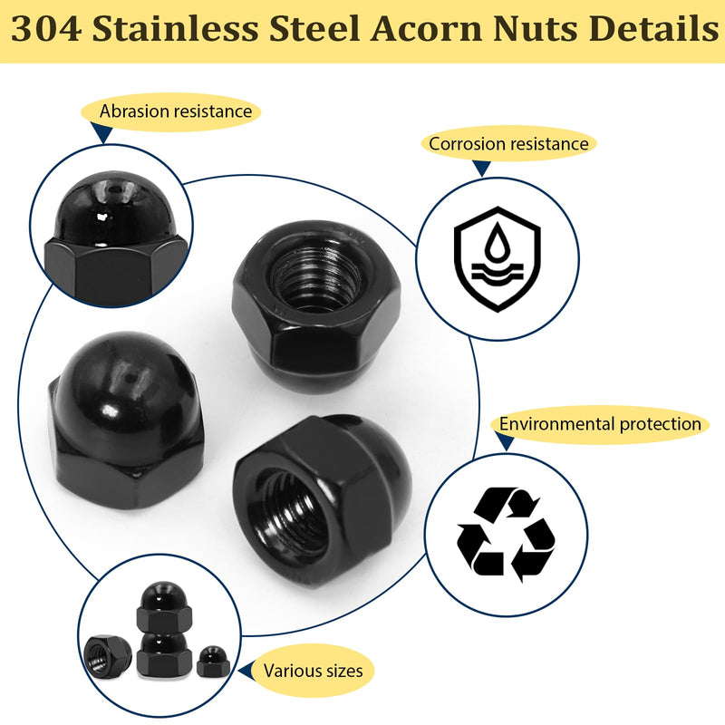SAE Black Stainless Steel Acorn Nuts Assortment Kit (80Pcs), 6#32 8#32 10#24 10#32 1/4"-20 5/16"-18 3/8"-16 UNC Black SS Cap Nuts Sets, Black Nut Caps, Dome Head Black Acorn Cap Nut 80PCS,304 Black Stainless Steel 304 Stainless