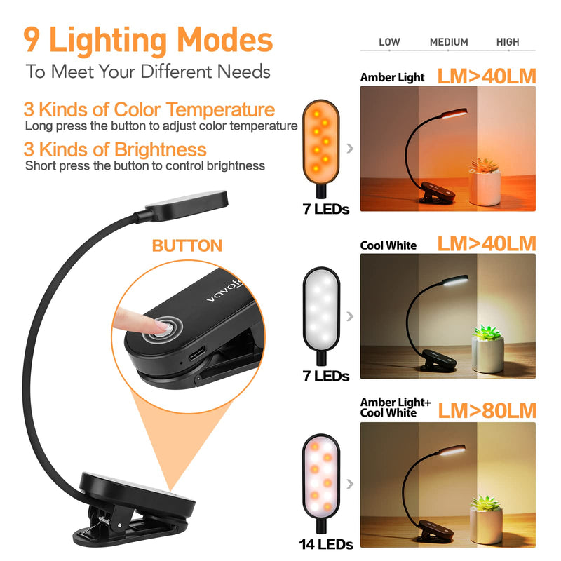 VAVOFO Rechargeable Book Light, 14 LEDs Eye Care Clip On Amber Reading Light for Bookworms Reading in Bed with 9 Colors 9 Brightness(Black) Black