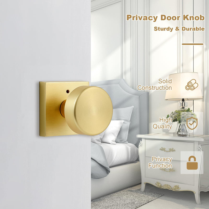 Privacy Gold Door Knobs Interior, Satin Brass Door Knobs Interior with Lock, Heavy Duty Modern Square Brushed Gold Door Handle for Bedroom Bathroom Privacy